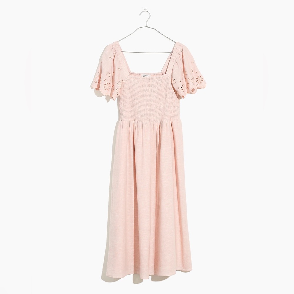 Madewell Linen Blend Eyelet Sleeve Lucie Smocked Dress